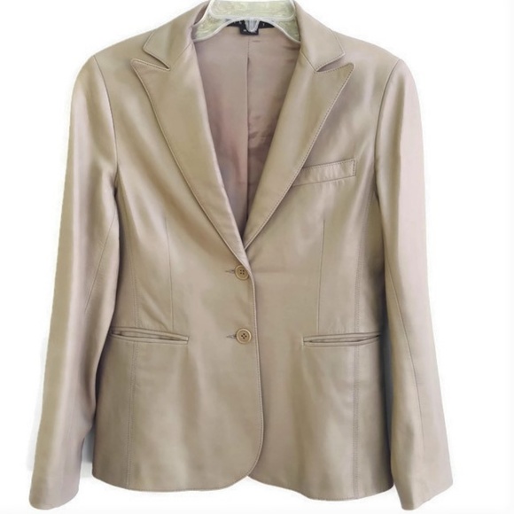 Theory Jacket Blazer Buttery Soft Leather Striped Sleeve Lining Beige Designer M - Picture 2 of 8